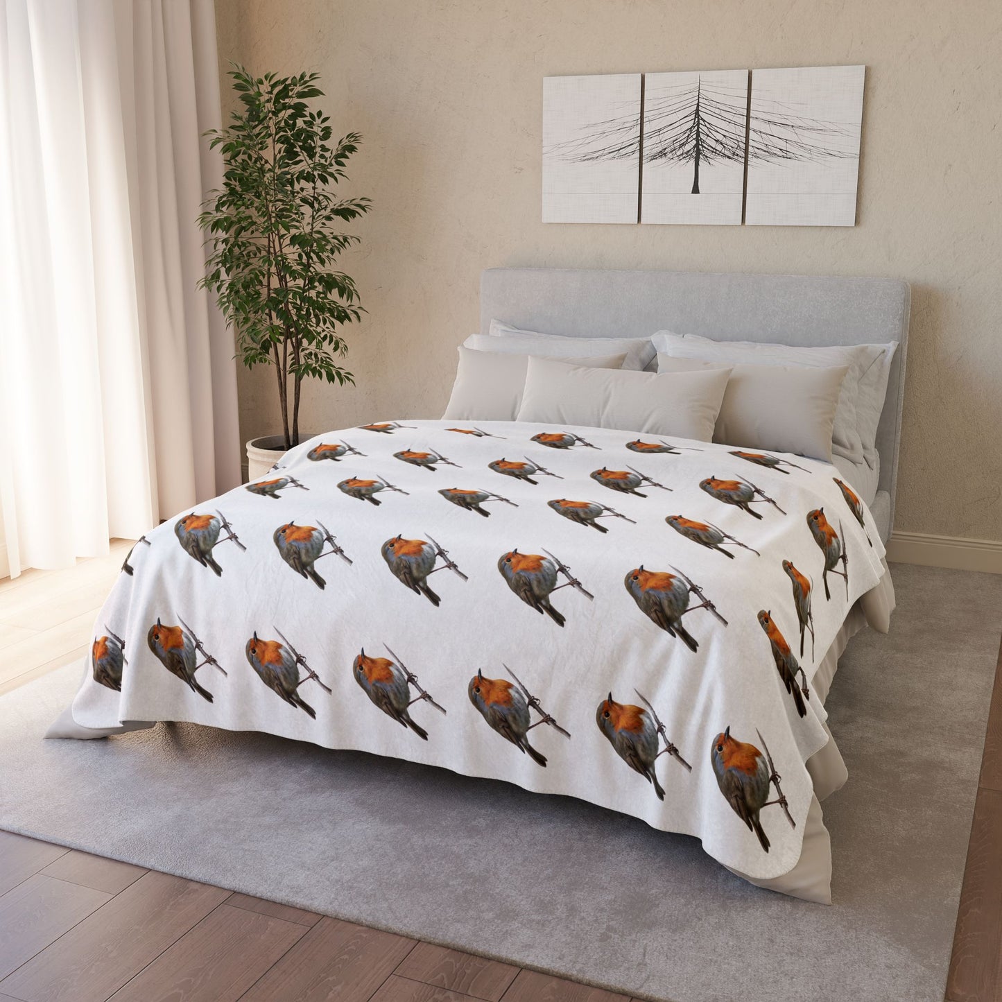 European Robin Art Fleece Sherpa Blanket (60"x80") - Thick, Ultra-Soft & Cozy Throw for Bird Lovers