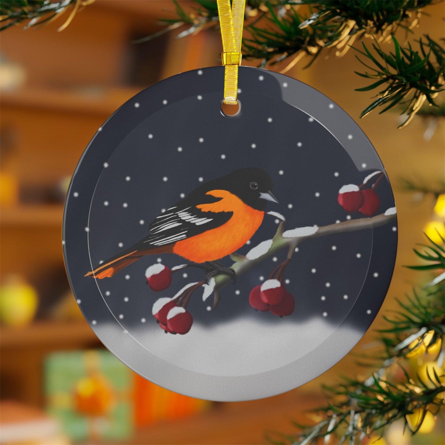 Baltimore Oriole on a Winter Branch Christmas Bird Glass Ornament