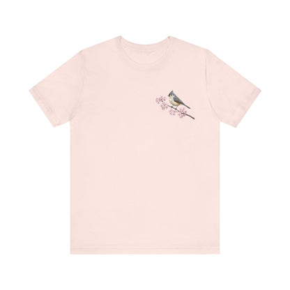 Tufted Titmouse Cherry Blossom T-Shirt | Floral Spring Tee for Bird Lovers
