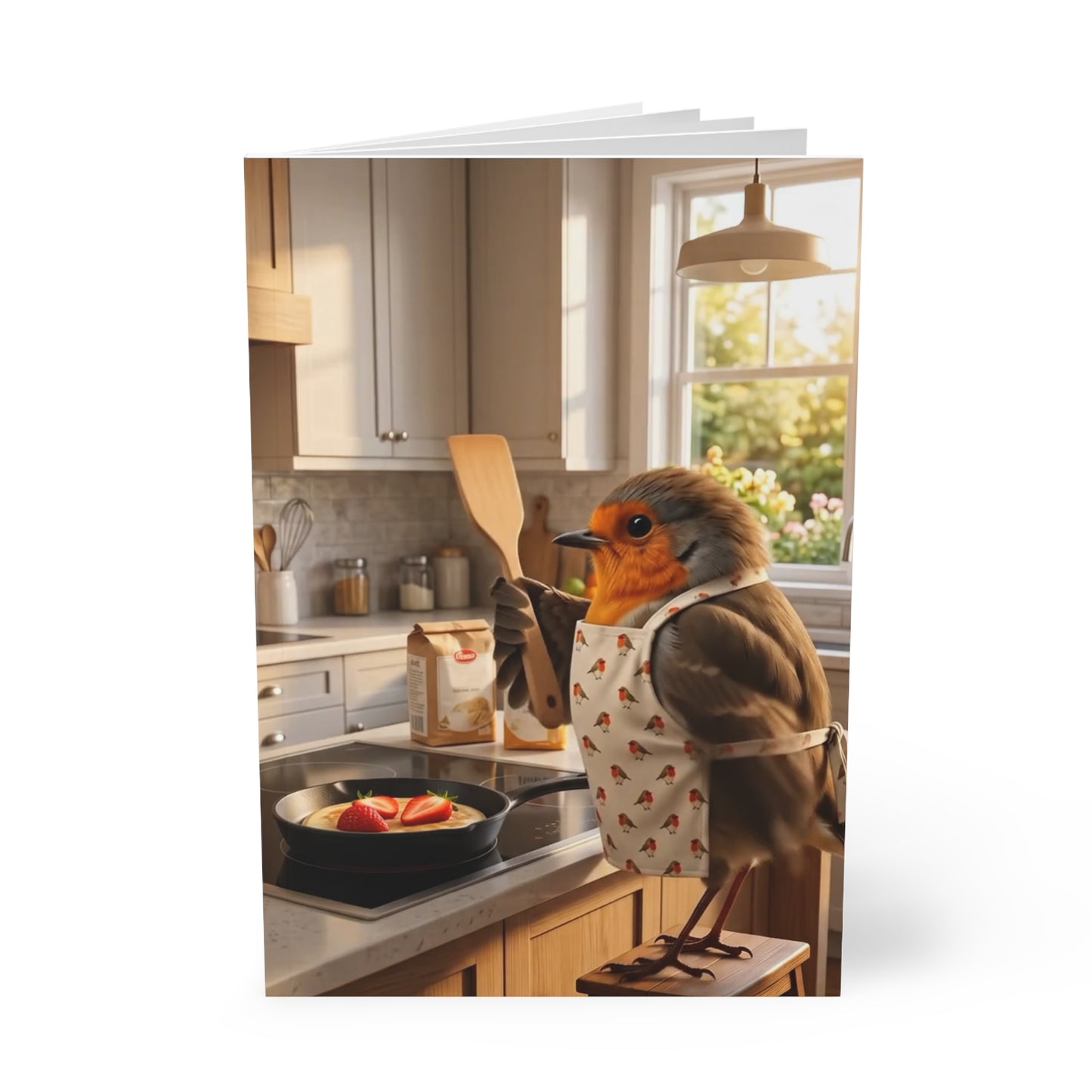 Rosi Rotkehlchen mit Pfannenwender Notizbuch A5 liniert als Rezeptbuch für Hobbyköche und Vogelfreunde