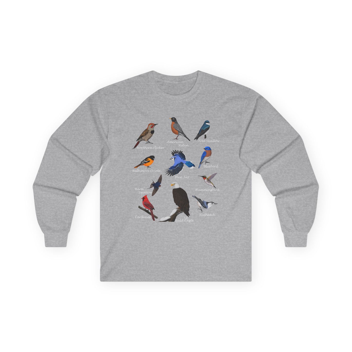 Bald Eagle Blue Jay Cardinal Robin on a Branch Birdwatching Cotton Long Sleeve T-Shirt