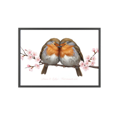 Personalisiertes Wandbild im Holzrahmen – Rotkehlchen-Paar mit Wunschnamen