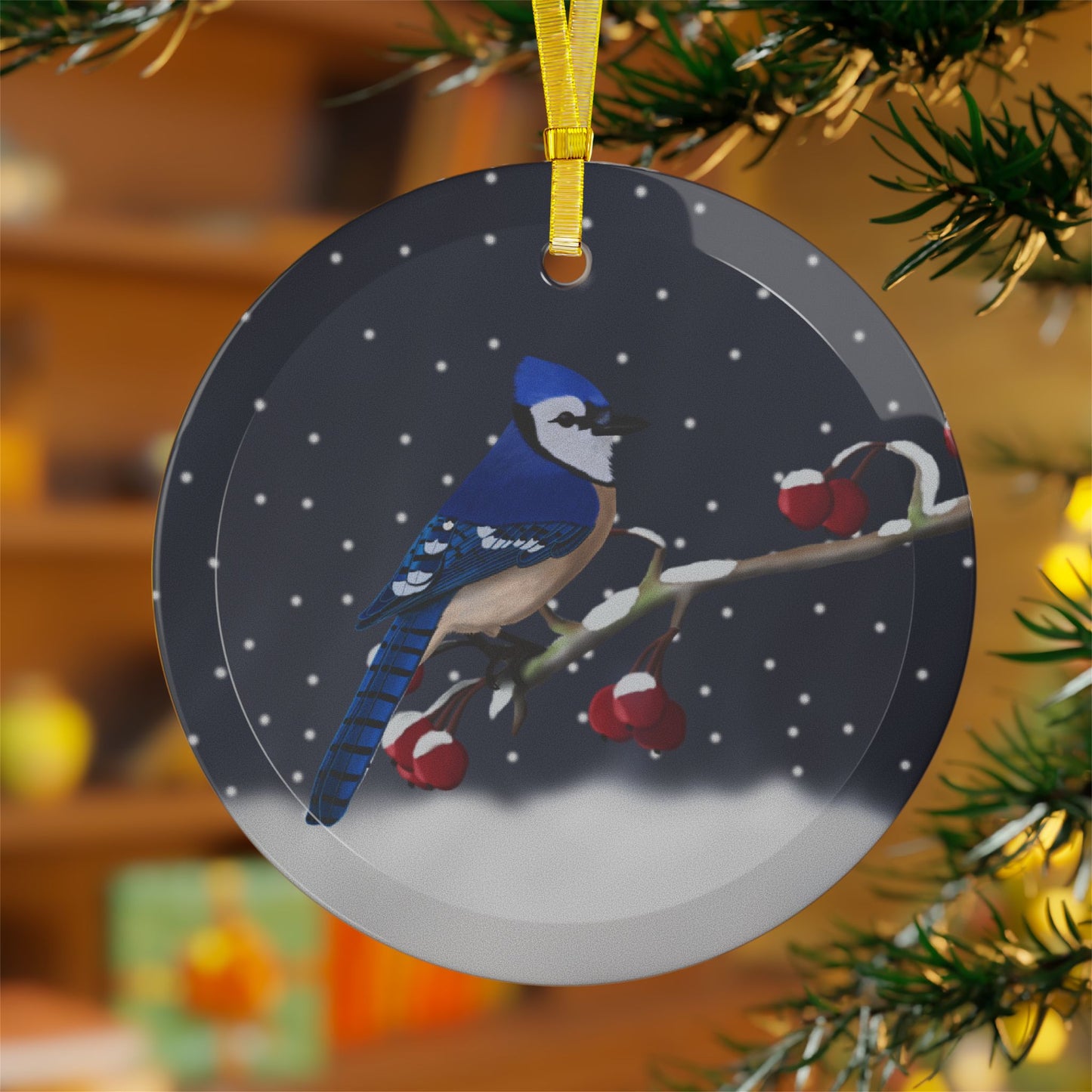 Blue Jay on a Winter Branch Christmas Bird Glass Ornament