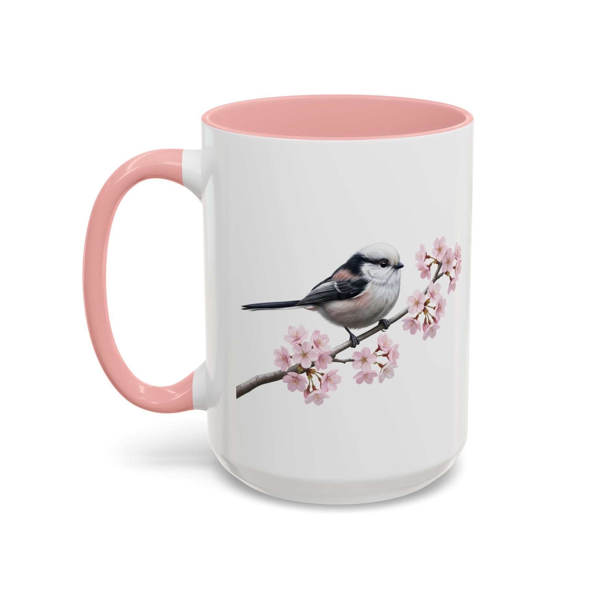 Long Tailed Titmouse Cherry Blossom Mug | Pink Ceramic Coffee Cup for Bird Lovers – 11oz and 15oz style
