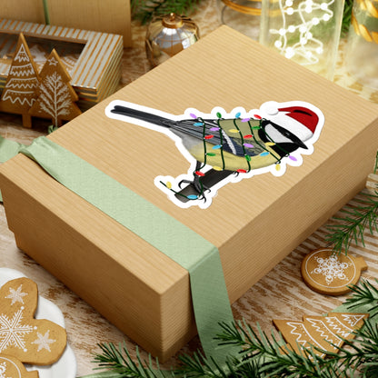 Chickadee with Fairy Lights and Santa Claus Hat Christmas Bird Sticker