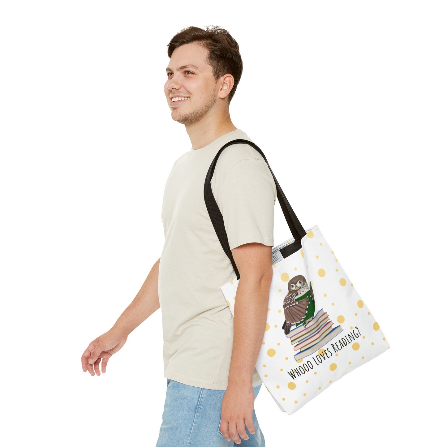 Whooo Loves Reading Owl Teacher Tote Bag – Gold Polka Dot Librarian Aesthetic