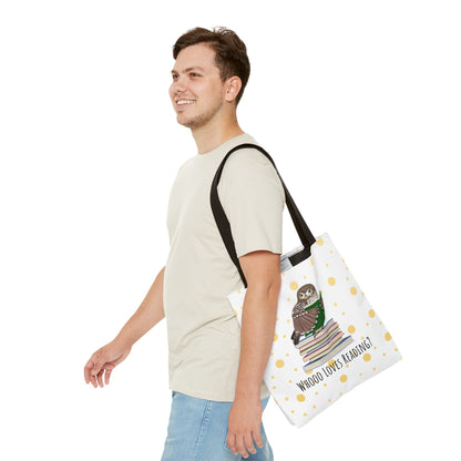 Whooo Loves Reading Owl Teacher Tote Bag – Gold Polka Dot Librarian Aesthetic