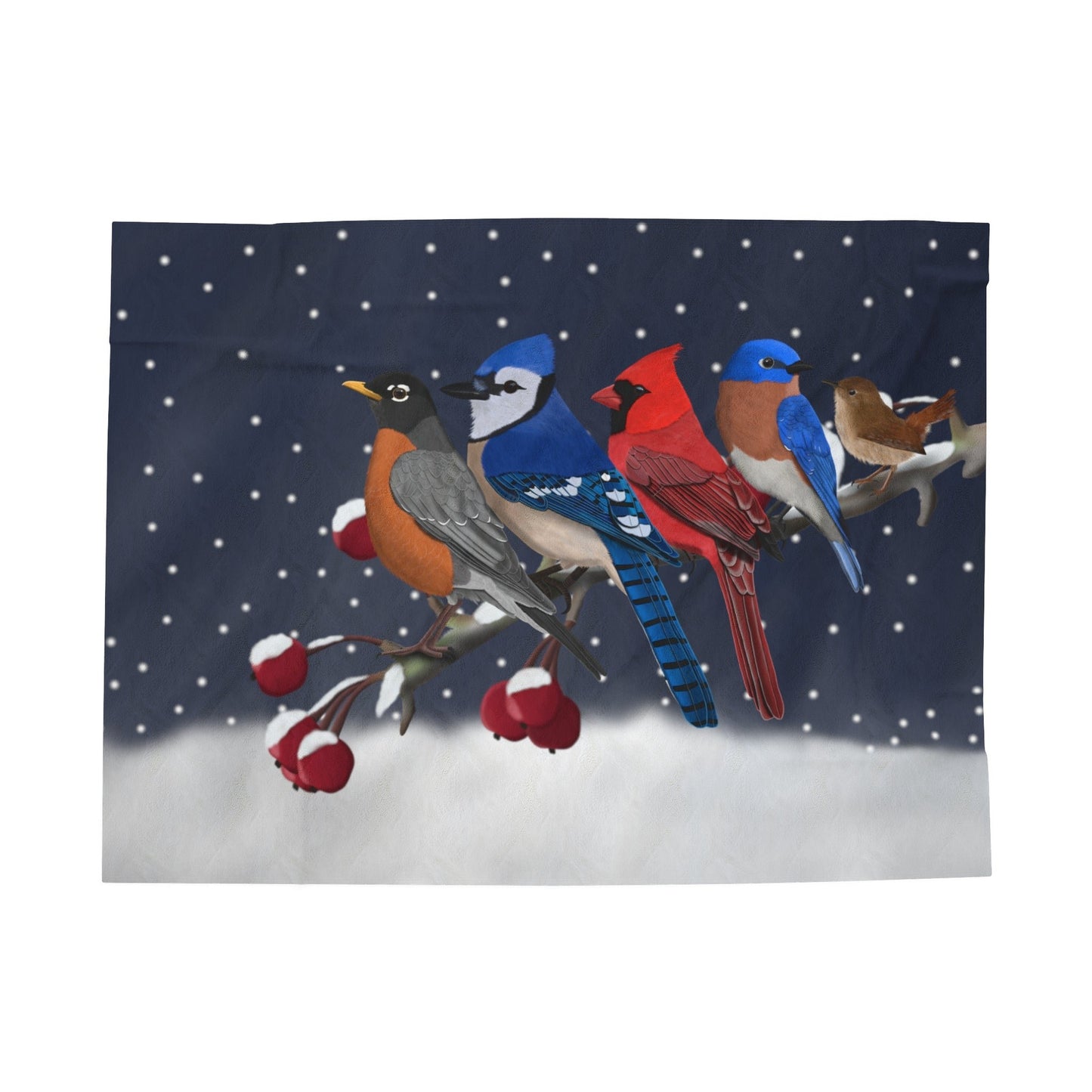 Robin Blue Jay Cardinal Bluebird Wren Bird Christmas Winter Branch Velveteen Plush Blanket