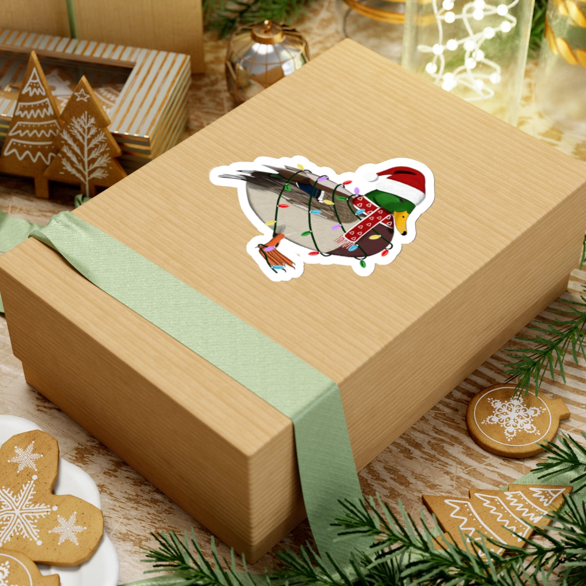 Mallard with Fairy Lights Santa Claus Hat and Scarf Christmas Bird Sticker