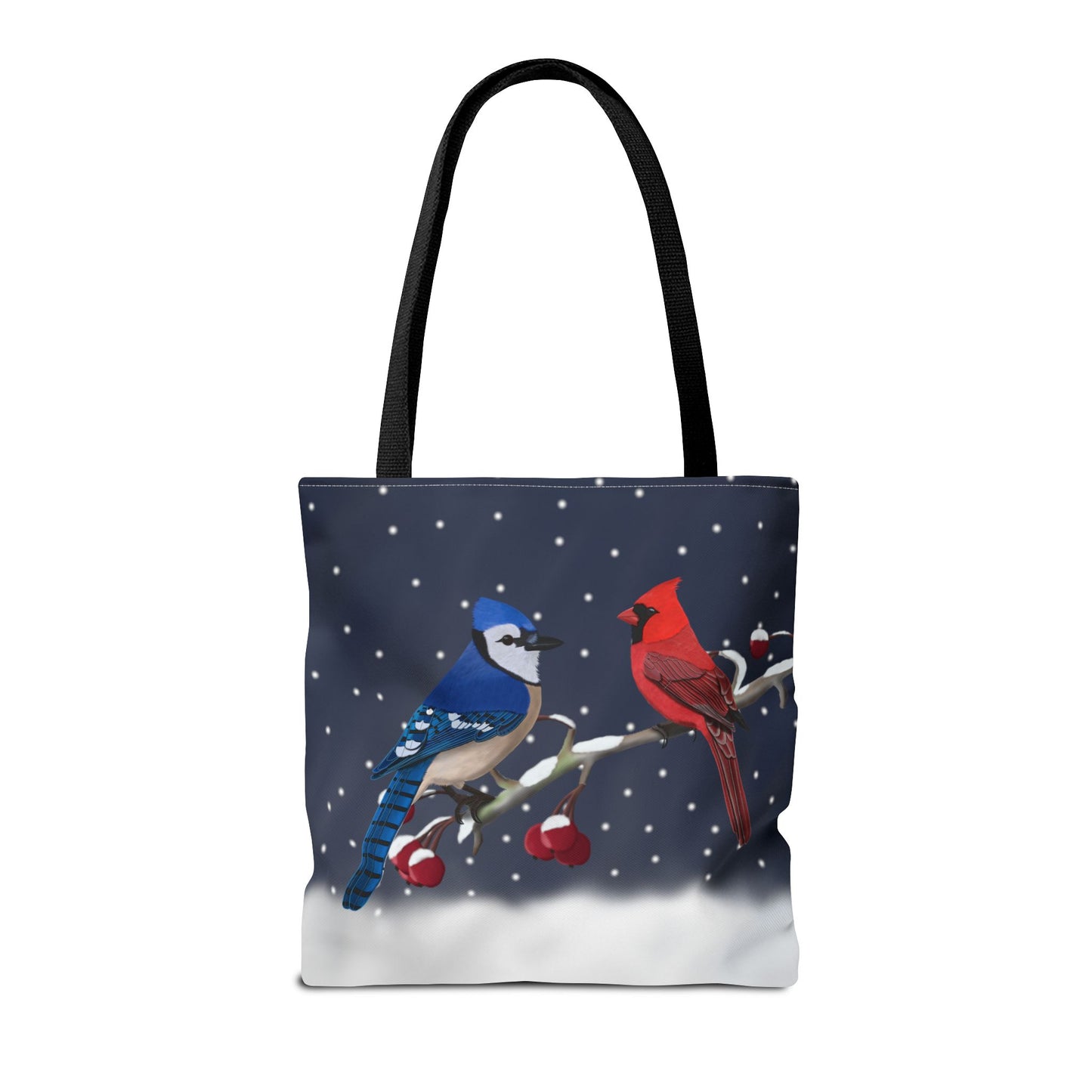 Blue jay and Cardinal on a Winter Branch Christmas Bird Tote Bag 16"x16"