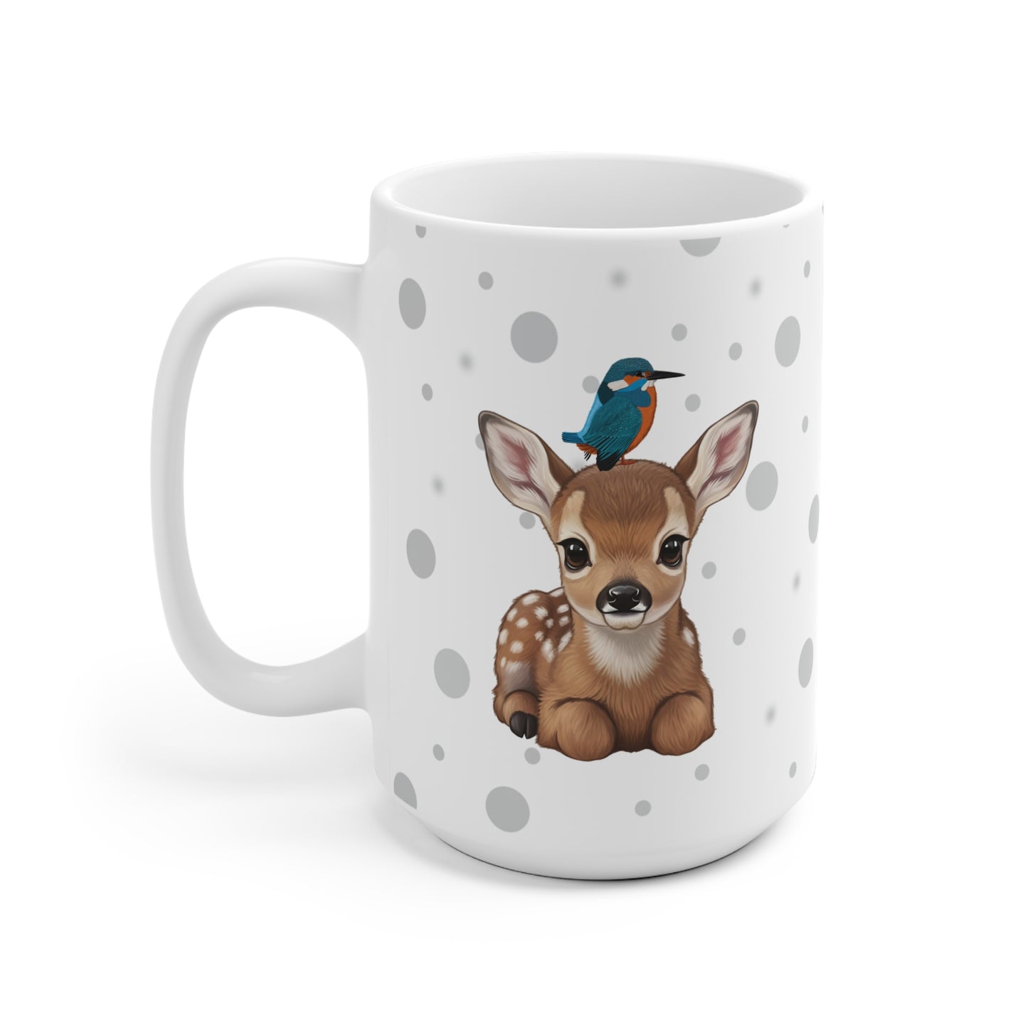 Rehkitz Tasse mit Eisvogel Tiermotiv Punkte Grau