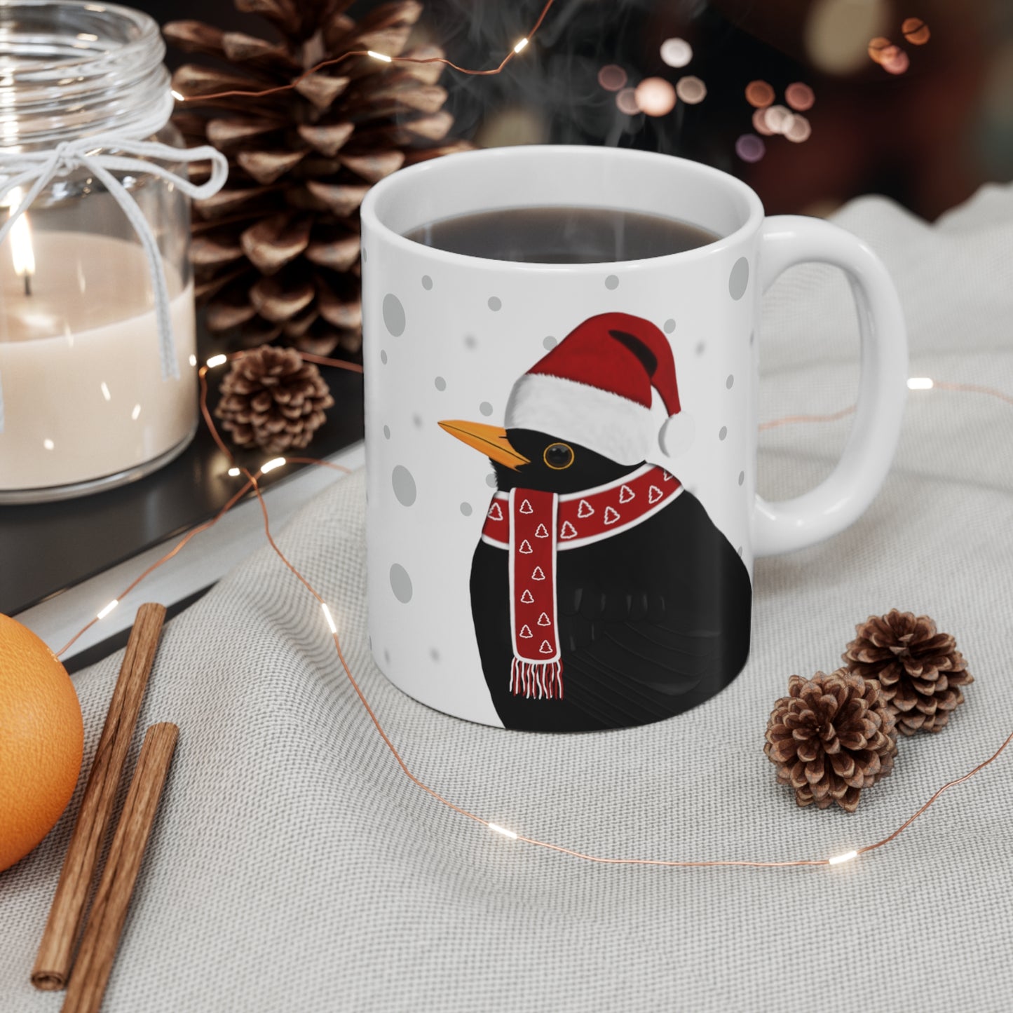 Blackbird with Red Santa Hat and Scarf Christmas Bird Ceramic Mug 11oz