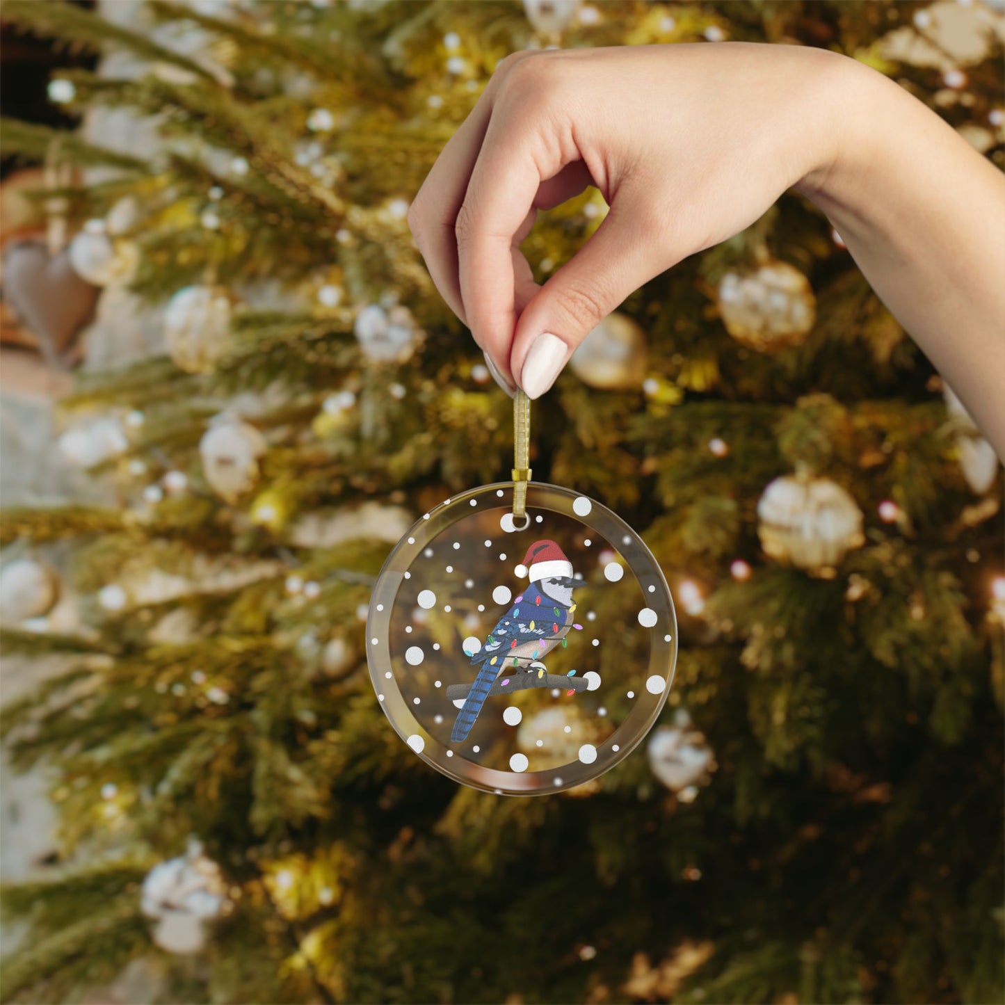 Blue Jay as Santa Claus with Fairy Lights Christmas Glass Ornament