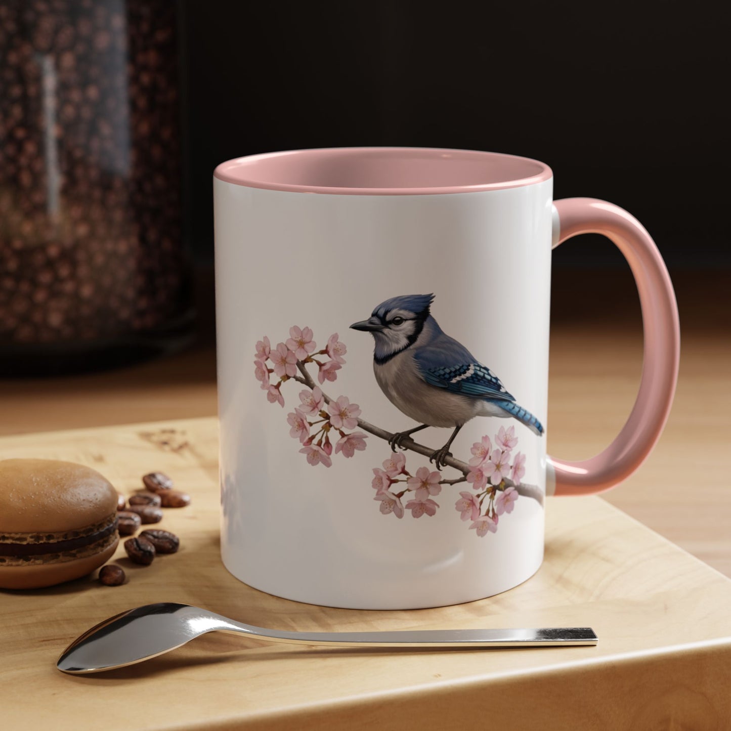 Blue Jay Cherry Blossom Mug | Pink Ceramic Coffee Cup for Bird Lovers