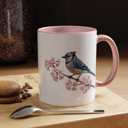 Blue Jay Cherry Blossom Mug | Pink Ceramic Coffee Cup for Bird Lovers