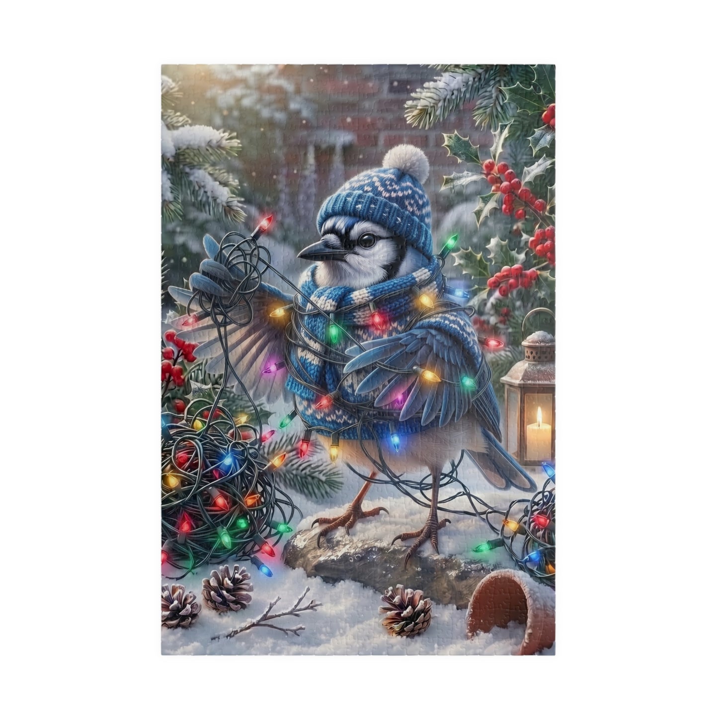 A festive winter illustration of a blue jay wearing a blue knit hat and matching scarf, surrounded by colorful Christmas lights, snow, pinecones, holly, and a lantern.