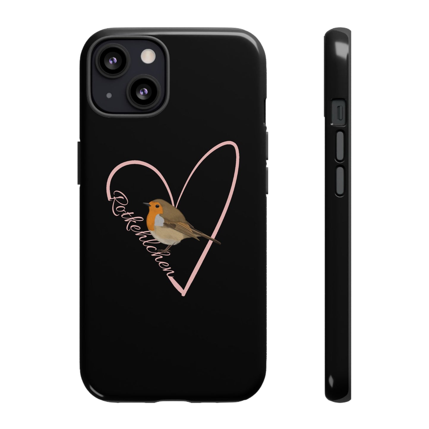Rotkehlchen mit Herz Premium Handyhülle – Doppelt Geschützt & Rundum Bedruckt Schwarz