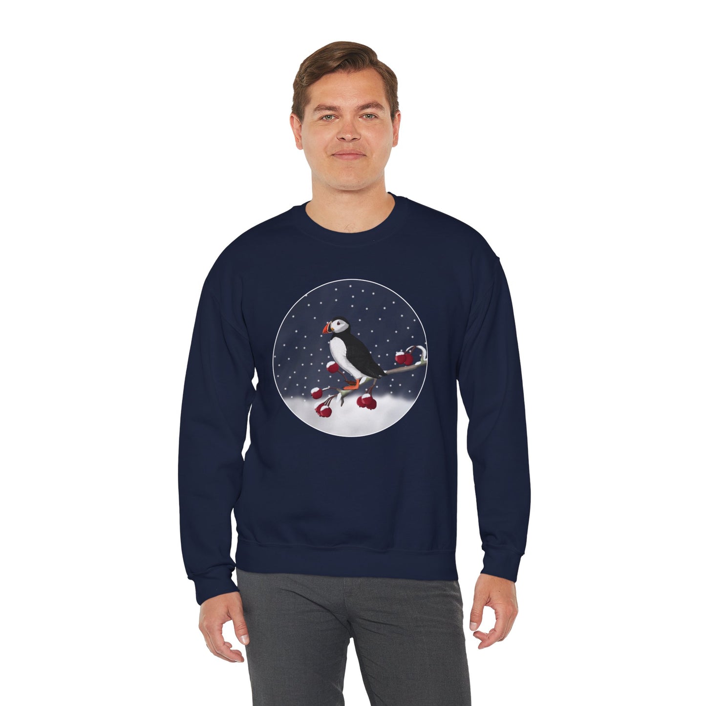 Puffin on a Winter Branch Birdwatcher Christmas Bird Sweatshirt