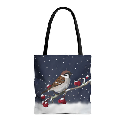 Tree Sparrow on a Winter Branch Christmas Bird Tote Bag 16"x16"