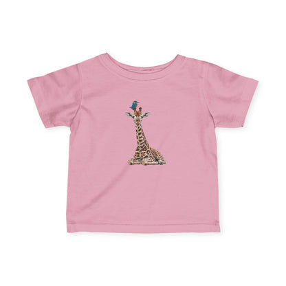 Süße Baby Giraffe mit Eisvogel Vogel Tiermotiv T-Shirt für Babys und Kleinkinder