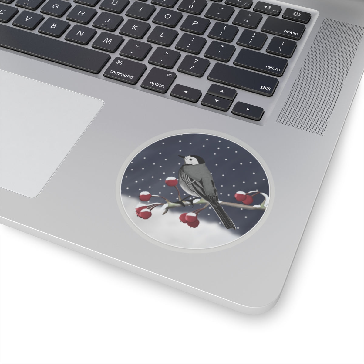 White Wagtail on a Winter Branch Christmas Bird Sticker