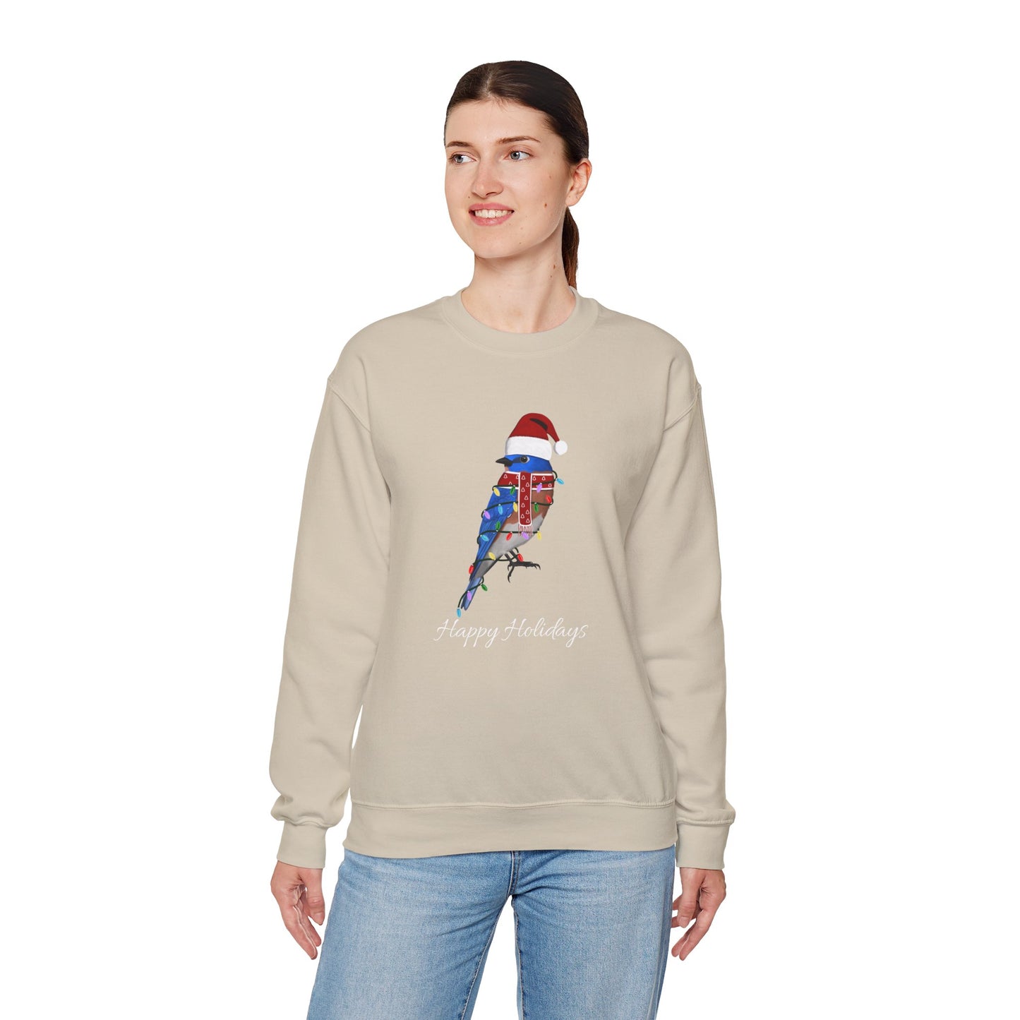 Bluebird with Fairy Lights as Santa Happy Holidays Birdwatcher Christmas Bird Sweatshirt