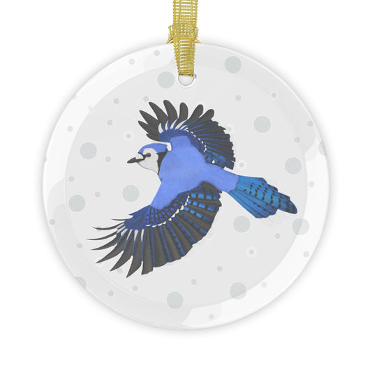 Blue Jay Bird Christmas Glass Ornament