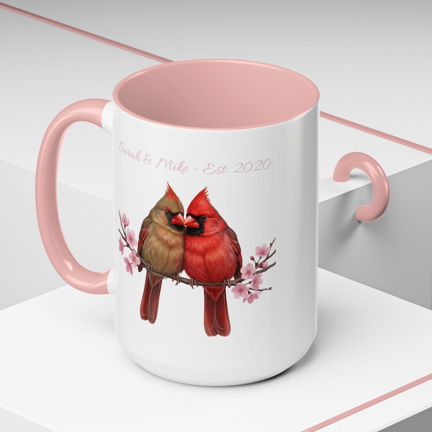 Personalized Cardinal Couple Mug – Cherry Blossom Design with Custom Names (Pink Accent)