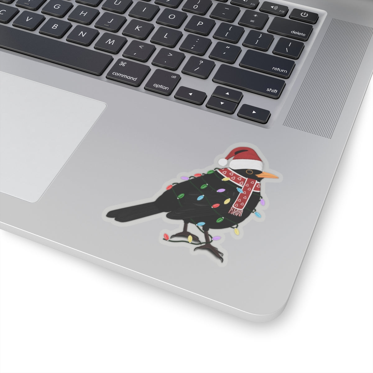 Blackbird with Fairy Lights Santa Claus Hat and Scarf Christmas Bird Sticker