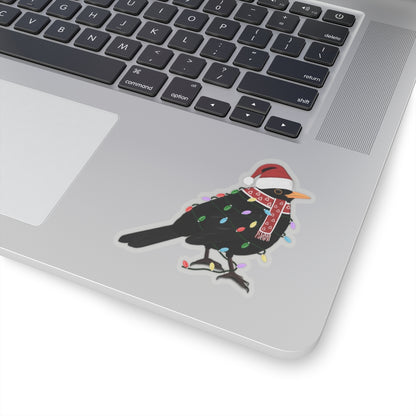 Blackbird with Fairy Lights Santa Claus Hat and Scarf Christmas Bird Sticker