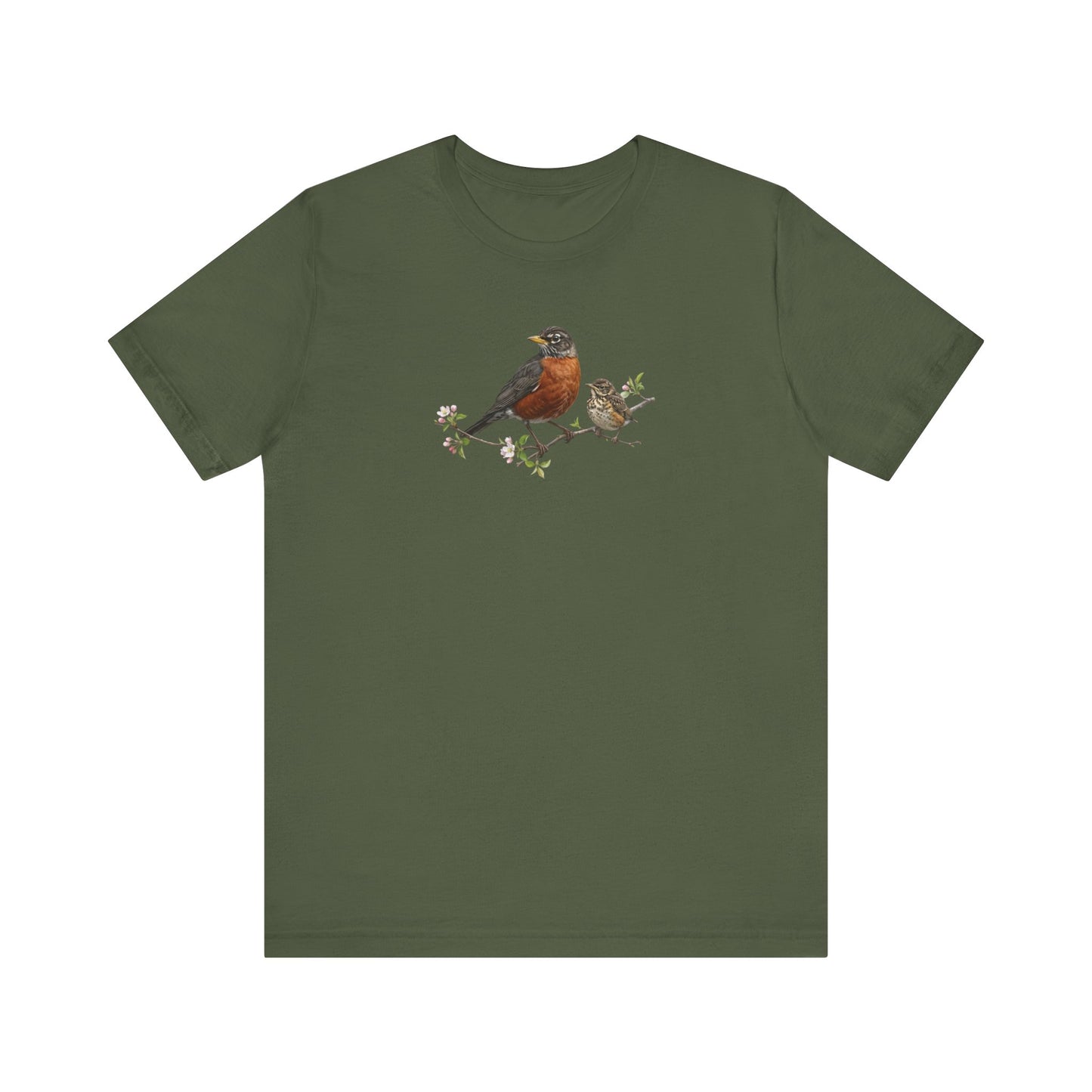 American Robin & Fledgling T-Shirt | Spring Blossoms Unisex Graphic Tee