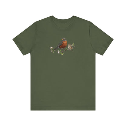 American Robin & Fledgling T-Shirt | Spring Blossoms Unisex Graphic Tee