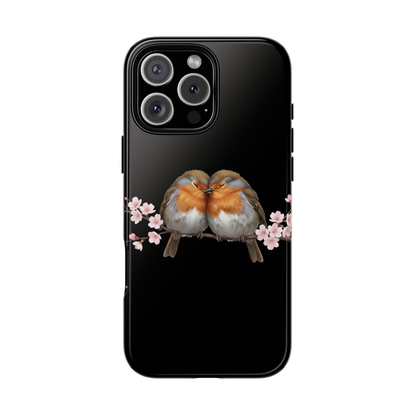 Rotkehlchen mit Kirschblüten Premium Handyhülle – Doppelt Geschützt & Rundum Bedruckt Schwarz