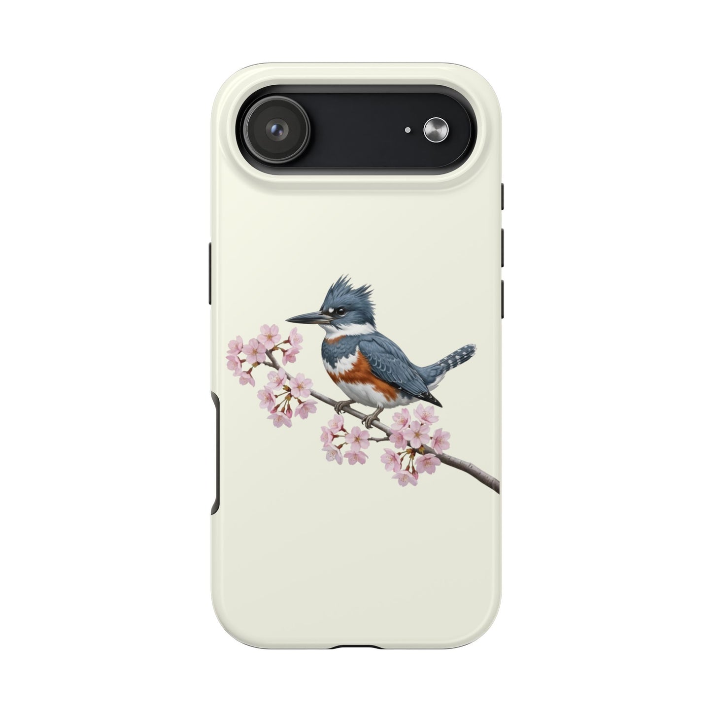 Belted Kingfisher & Cherry Blossom Tough iPhone Case Creamy White