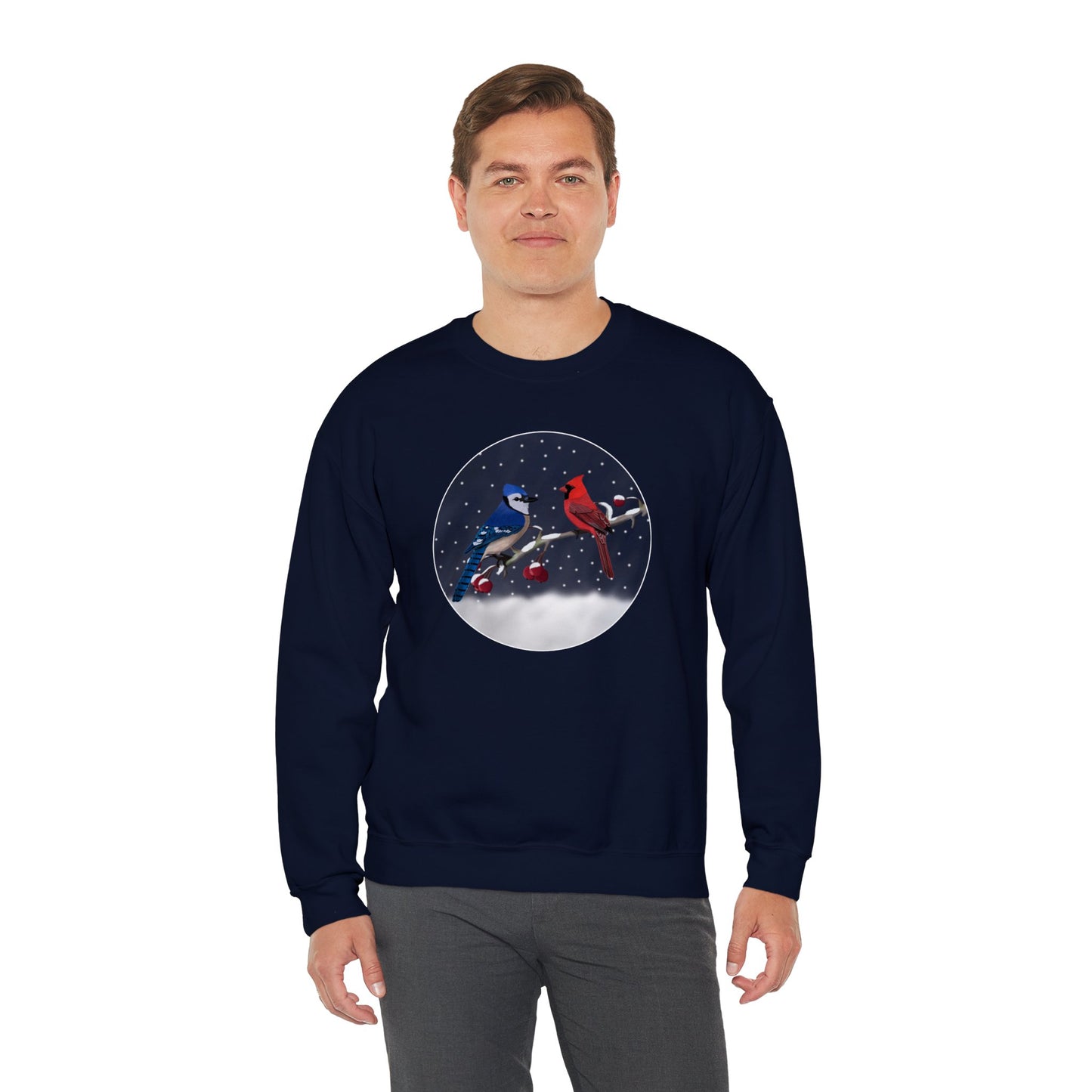 Blue Jay and Cardinal on a Winter Branch Christmas Bird Sweatshirt