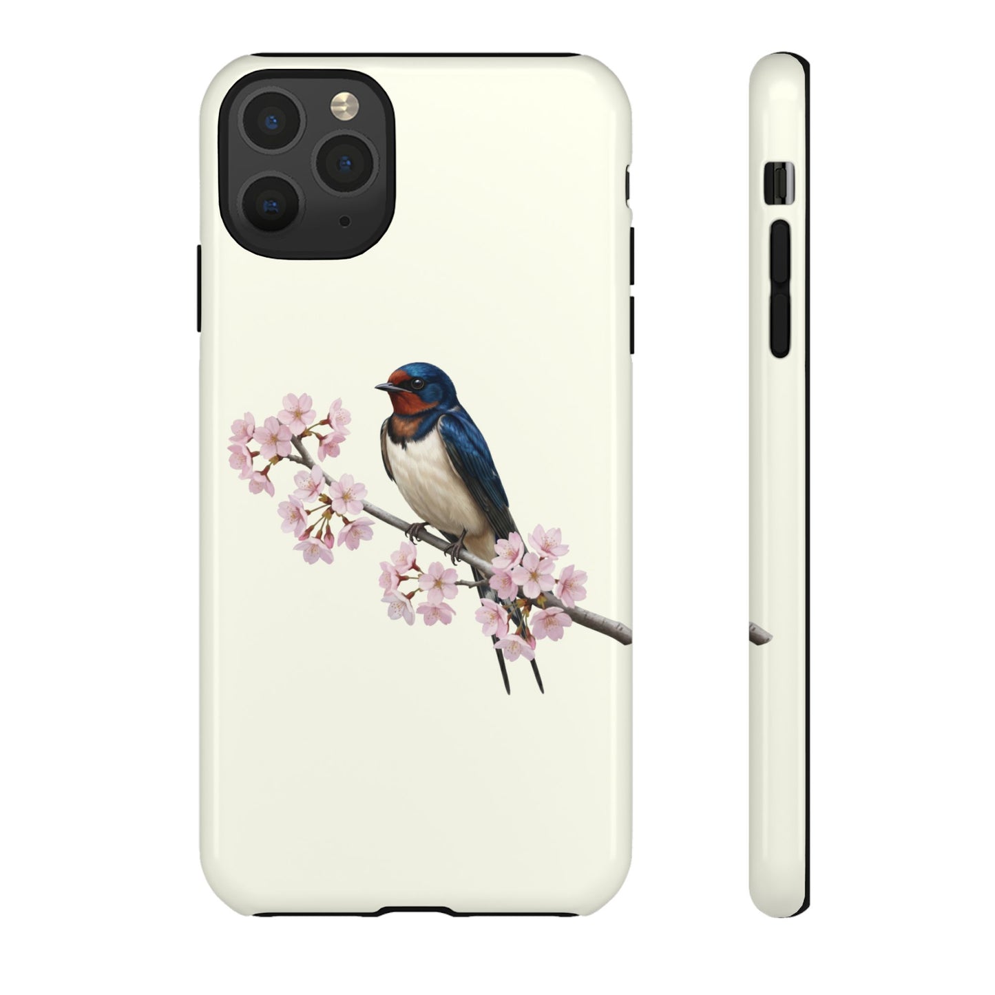 Rauchschwalbe Handyhülle in Cremeweiß | Florales Kirschblüten Vogel-Motiv für iPhone & Google Pixel – animal lover,