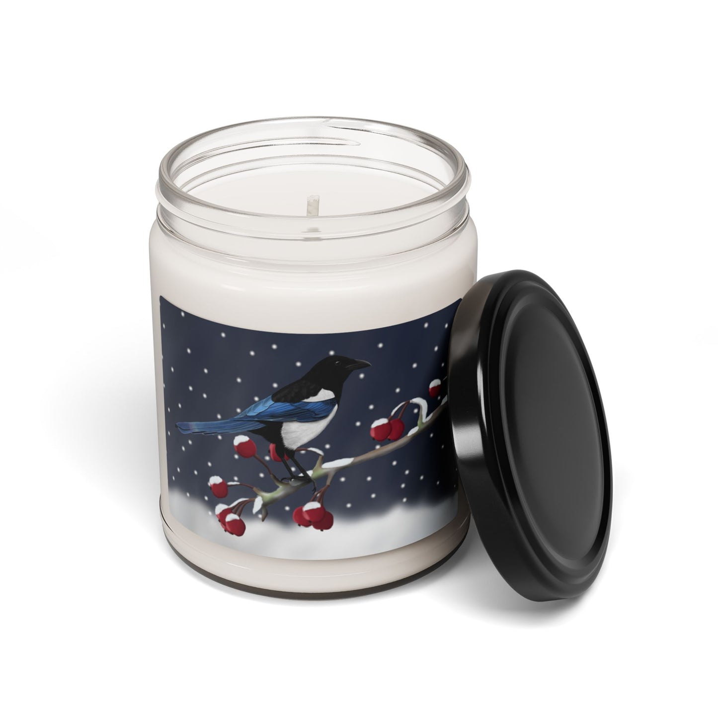 Magpie on a Winter Branch Christmas Bird Art Scented Soy Candle, 9oz