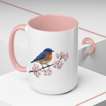 Bluebird Cherry Blossom Mug | Pink Ceramic Coffee Cup for Bird Lovers