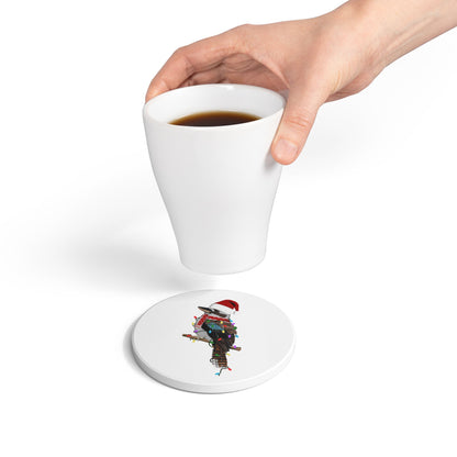 Keramik-Untersetzer Kookaburra als Weihnachtsmann mit Lichterkette Weihnachtliches Vogel-Motiv