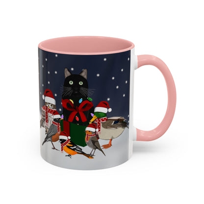 Robin Oriole Mallard Owl and Cat with Christmas Hat and Scarf Snow Bird Coffee Mug