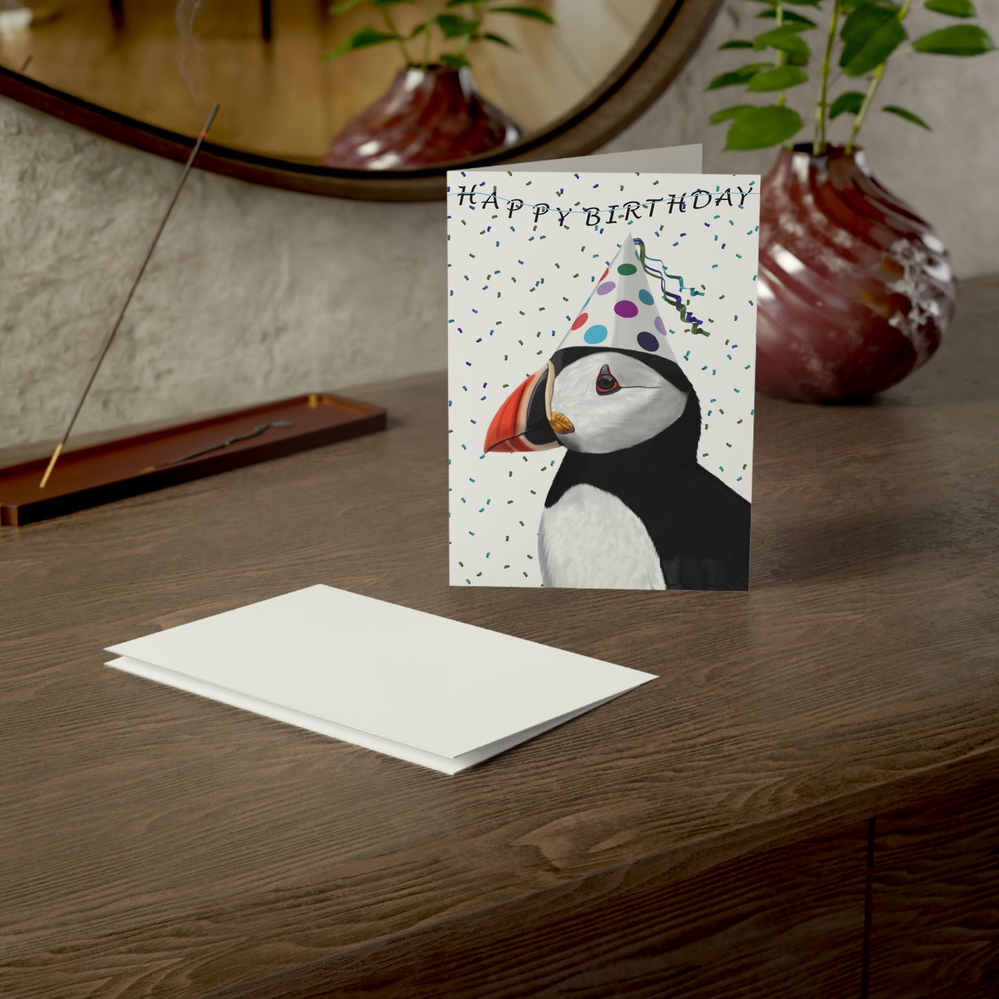 Puffin with Party Hat Birthday Card – Premium Matte Bird Greeting Card