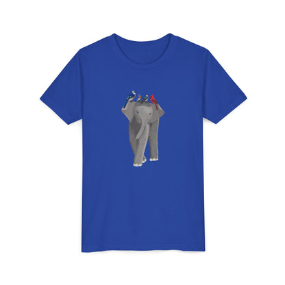 Elephant with Blue Jay Cardinal Bluebird Tree Swallow Bird Youth T-Shirt