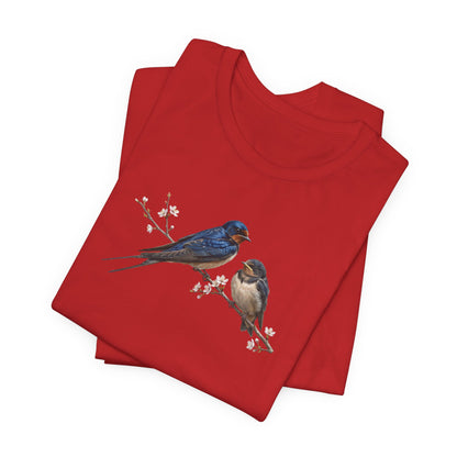 Barn Swallow & Fledgling T-Shirt | Spring Blossoms Unisex Graphic Tee