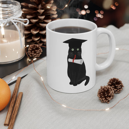 Black Cat Graduation Cat Lover Ceramic Mug White