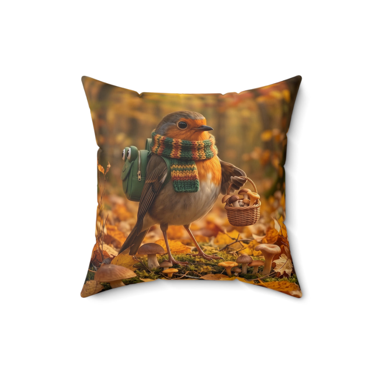 Beidseitig bedrucktes Dekokissen (40x40cm) für das Wohnzimmer. Die Illustration zeigt Rosi Rotkehlchen beim eifrigen Pilzesammeln in einem goldenen Herbstwald. Gemütliche Herbstdeko für Vogelfreunde.