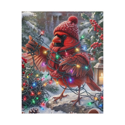 A festive puzzle of a northern cardinal wearing a knit red hat and matching scarf while wrapping multicolored Christmas lights around its body, standing in snow with holly, pine branches, a lantern, and a pinecone nearby.