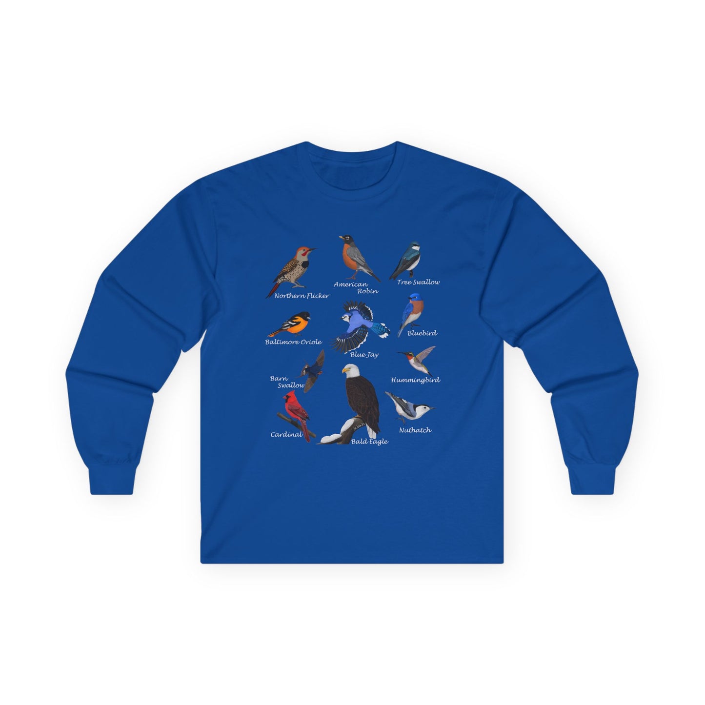 Bald Eagle Blue Jay Cardinal Robin on a Branch Birdwatching Cotton Long Sleeve T-Shirt