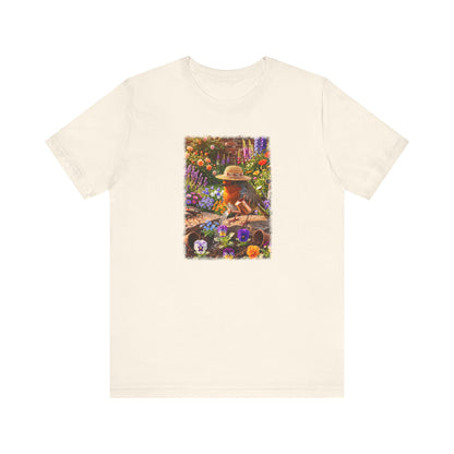 Niedliches Rotkehlchen T-Shirt beim Blumen gießen | Gemütliches Garten-Motiv