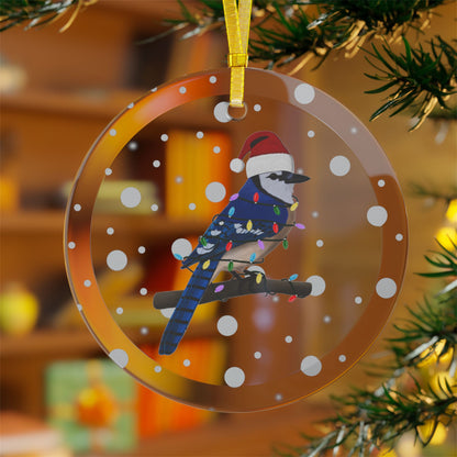 Blue Jay as Santa Claus with Fairy Lights Christmas Glass Ornament