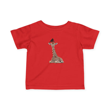Süße Baby Giraffe mit Amsel Vogel Tiermotiv T-Shirt für Babys und Kleinkinder